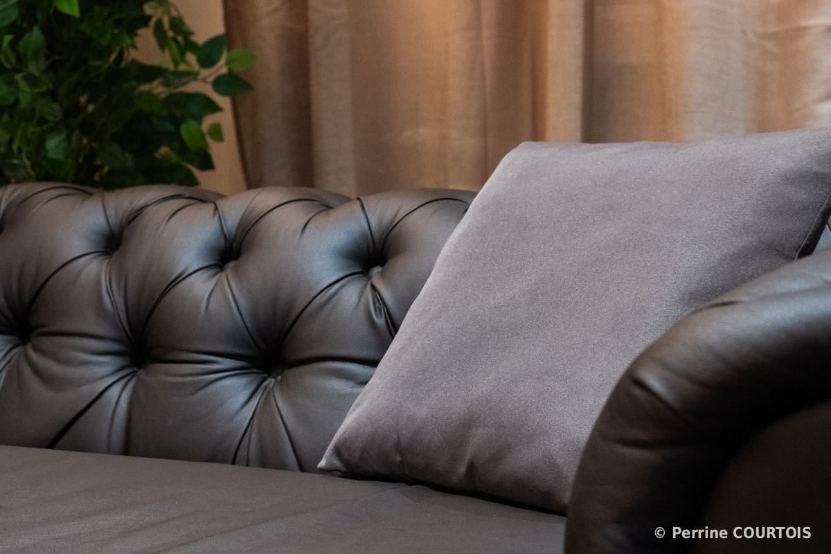 Canapé capitonné en cuir noir avec un coussin gris, devant des rideaux clairs et une plante.